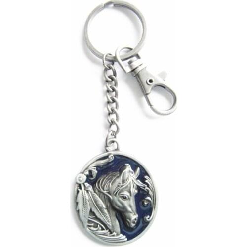 New Vintage Blue Enamel Western Horse Metal Pendant Charm Oval Key Ring Key Chain KEYRING-WT057BL