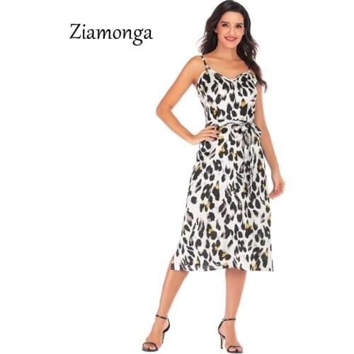 Ziamonga Women Leopard Print Dress 2019 Summer Sexy Spaghetti Strap Sashes A-Line Dress Fashion Party Dresses Elegant Vestidos