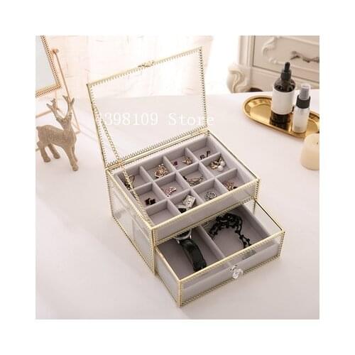 Retro copper glass double jewelry box jewelry watch finishing box earrings necklace storage rack desktop storage box