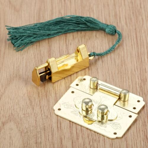 Gold Alloy Padlock + Box Latch Hasp Antique Old Chinese style Lock Keyer Pendant Rope Square Flower Clasp w/screws Jewelry Case
