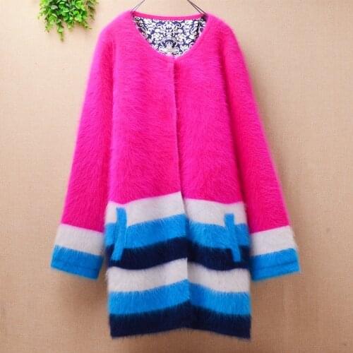 Thicken warm ladies women medium long loose mink cashmere color striped long sleeve angora fur knitted jacket coat winter jumper