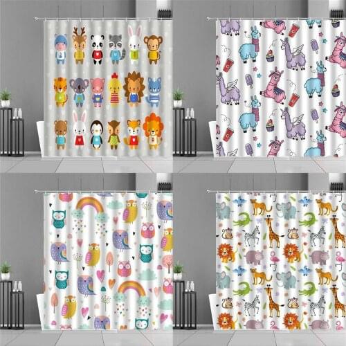 Cartoon Fun Animal Shower Curtain Owl Alpaca Giraffe Zebra Animals Print Waterproof Curtains Children Room Bathroom Decor Gifts