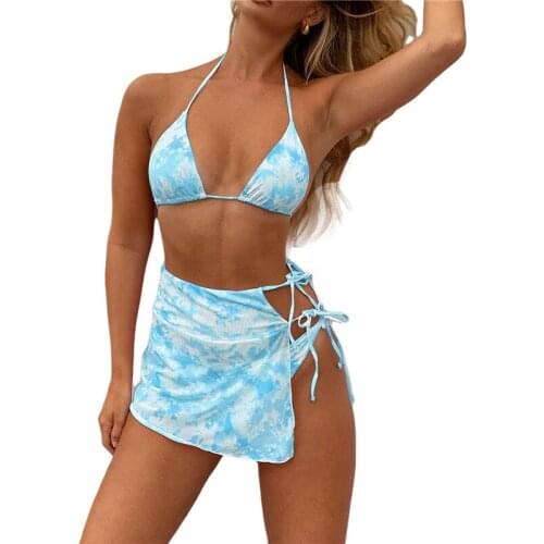 Xingqing Women Tie Dye 3 Piece Swimsuit Set Halter Bra + High Waist Thong + Wrap Skirt Swim Bath Wear Summer Suit Biquini