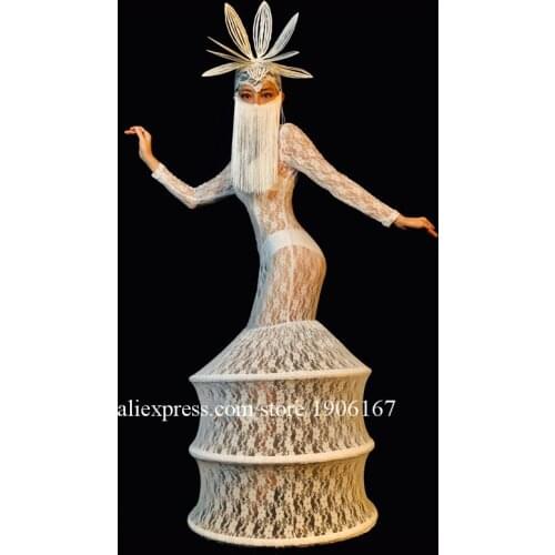 Catwalk Show Sexy Lady White Party Lace Long Dress Dance Suit Clothes Singer Stage Costumes Party Event Masquerade DS Headdress