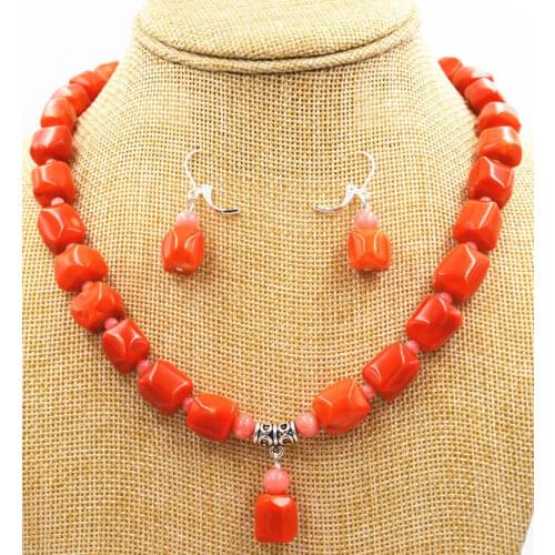 2018 Fashion Natural pink orange CORAL Necklace earring Pendants Beads 18 "Women Gift