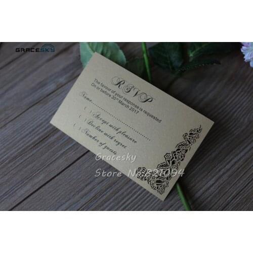 50pcs Free Shipping 5x10cm Laser cut Wedding RSVP Card Personalized text cards greeting Invitation cards for Wedding / Party