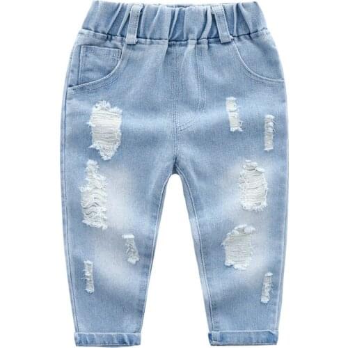 2019 New Spring Autumn Boys Jeans Fashion Childrens Trousers Washed Large Holes Classic Blue All Match Pants Light Color Cloth