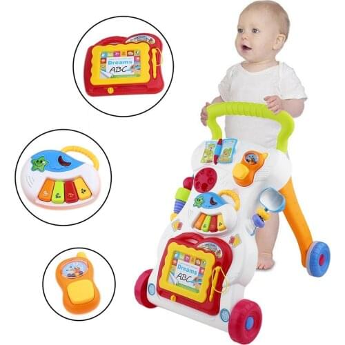 Baby Walker Toddler Trolley Sit-to-Stand Walker for Kids Early Learning Educational Musical Adjustable Baby First Steps Car Hot