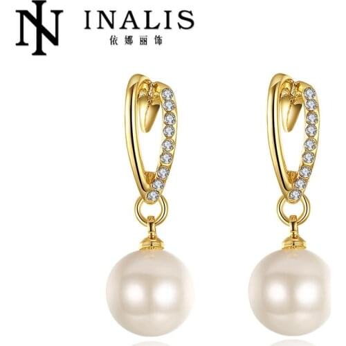 Inalis Wholesale GoldPlated Earrings For Women Wedding Jewelry Brincos da Mulher Original Designs Inlaid Pearl Stone E932