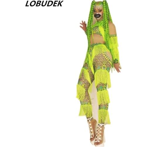 Clubwear Tassel Jumpsuit Long Sleeve Spandex Stretch Fluorescent Green Leotard Stage Wear Women Singer Dancer Party Show Costume