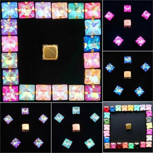 Square shape Gold claw settings 50pcs/p 8mm jelly candy & AB colors glass Crystal Sew on rhinestone beads clothes diy trimming