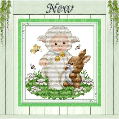 A baby sheep and rabbit cartoon decor painting counted Print on canvas DMC 11CT 14CT Cross Stitch kits Needlework Sets embroider