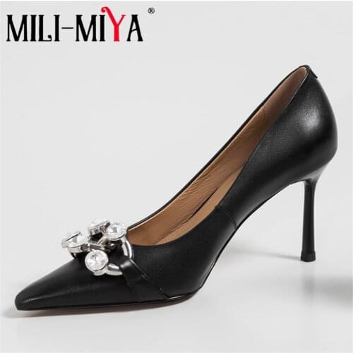 MILI-MIYA Fashion Crystal Women Full Genuine Leather Pumps Super High Thin Heels Slip On Solid Color Plus Size 34-41 Handmade