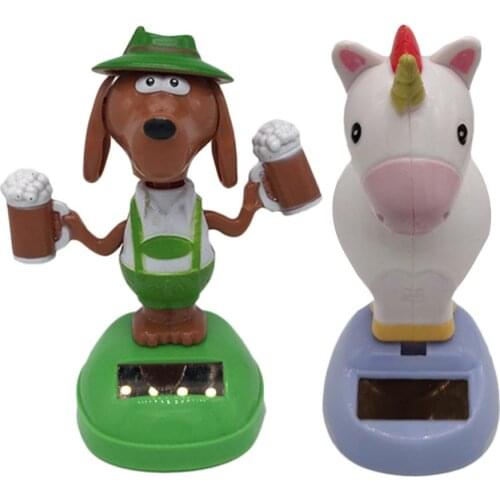 Lovely Beer Dog Unicorn Modeling Car Solar Energy Dancing Automatic Head Shaking Pendant Cartoon Doll Indoor Table Decorations