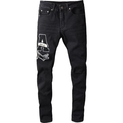 American Street Style Fashion Men Jeans Elastic Cotton Slim Ripped Jeans Men Embroidery Patch Designer Hip Hop Denim Punk Pants