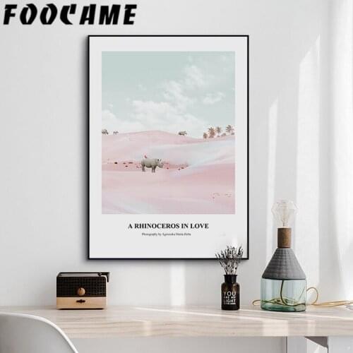 Pink Desert Rhinoceros Animal Poster Nordic Wall Art Canvas Print Landscape Painting Living Room Home Decoration Modern Pictures