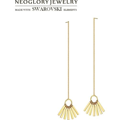 Neoglory Gold Color Plated Long Drop Earrings Fan-Shaped Geometric Stylish Pretty Cool Women Daily Party Dress Classic Sale