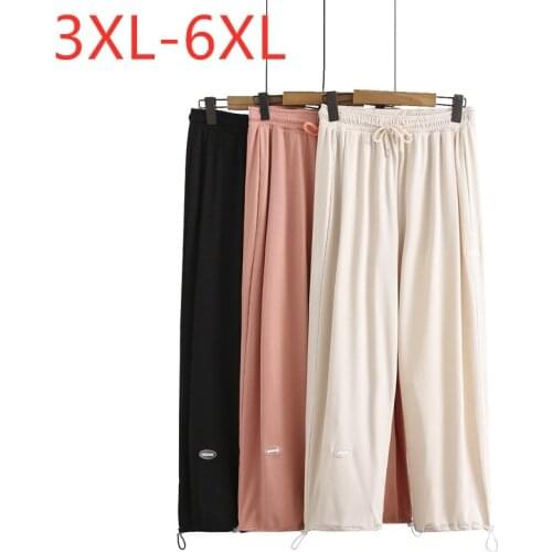 New 2021 Ladies Summer Plus Size Long Sports Pants For Women Large Loose Casual Beige Belt Straight Trousers 3XL 4XL 5XL 6XL
