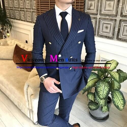 Jacket+Vest+Pants) British Style Casual Striped Mens Business Suit 3 Piece Double Breasted Tuxedo Groom Suits for Men Wedding