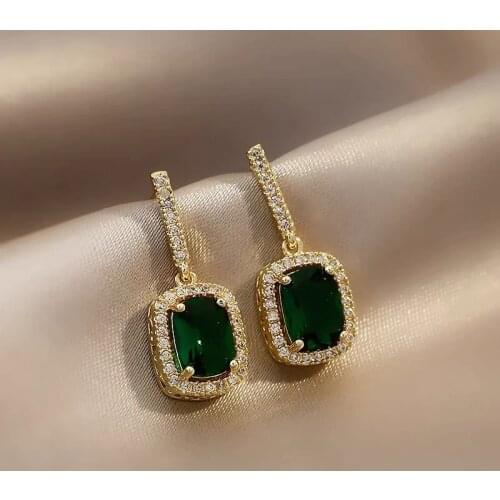 Luxury Female White Green Drop Earrings Charm Gold Color Wedding Earrings Cute Square Zircon Stone Dangle Earrings For Women