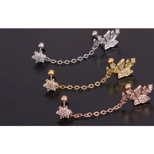 1 PCS Cute Small Micro Pave CZ Buttefly Star Earring with Chain Trendy Double Ball Ears Cartilage Piercing Stud Cuff Jewelry