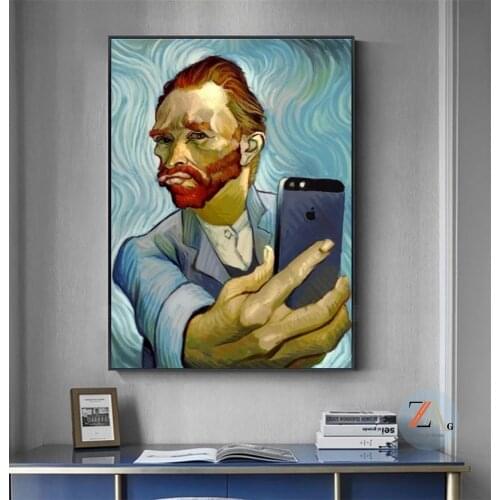 Funny Art Van Gogh Selfie By Phone Canvas Painting Abstract Portrait of Van Gogh Posters and Prints Wall Pictures for Home Decor