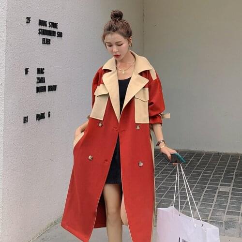 Womens Long Windbreaker2021Spring Autumn New Stitching Contrast Color Korean Loose Lapel Double-Breasted Fashion Coat Female68X