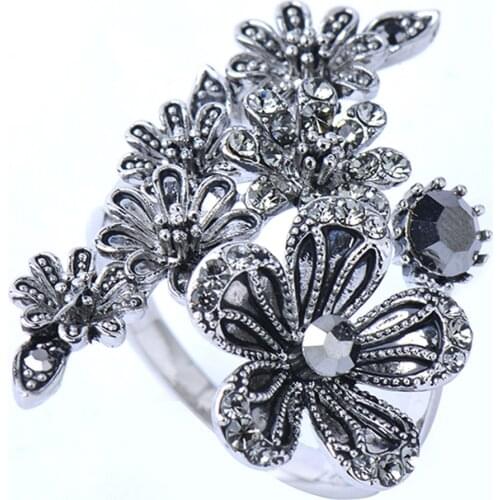 Vintage Female Black Stone Ring Classic Party Engagement Rings For Women Fashion Crystal Wedding Flower Ring