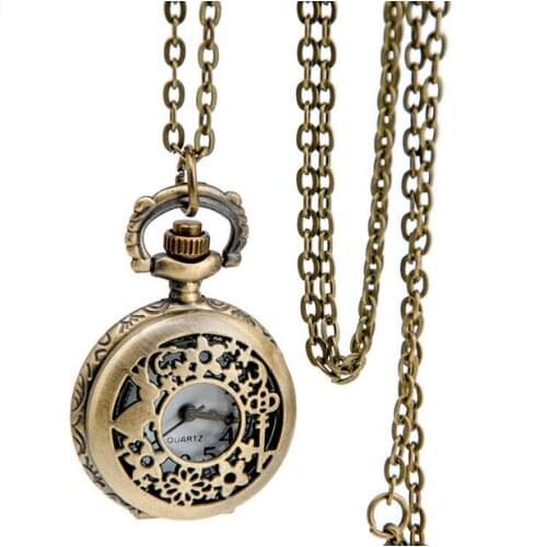 Vintage Cute Rabbit Flower Pocket Watch Necklace Quartz Women Ladies Bronze Pendant Retro Chain Gift