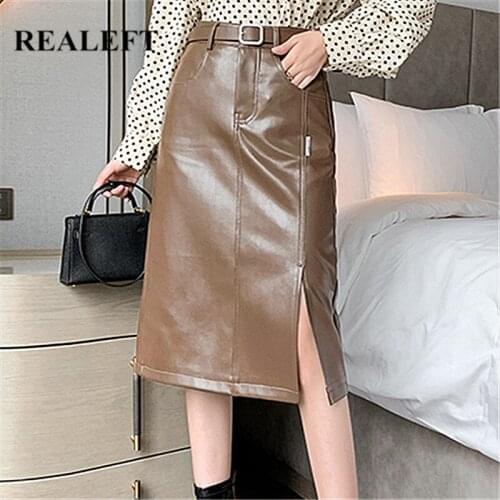 REALEFT Autumn Winter PU Leather Women Skirts With Belt Fashion High Waist Office Ladies Wrap Midi A-Line Skirts 2021 New Female