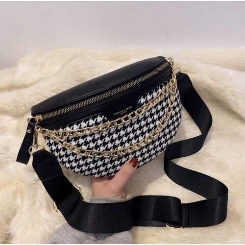 Houndstooth Crossbody Bag Woman 2021 Spring Summer Chain Leopard Print Wide Strap Cross Body Chest Shoulder Bag Daily Purses