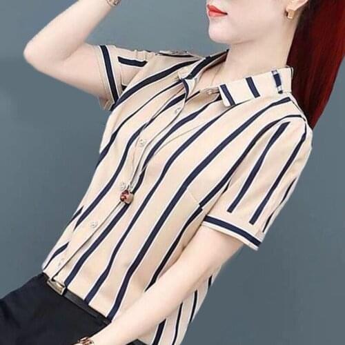 Women Spring Summer Style Chiffon Blouses Shirts Lady Casual Turn-down Collar Striped Printed Short Sleeve Blusas Tops ZZ0431