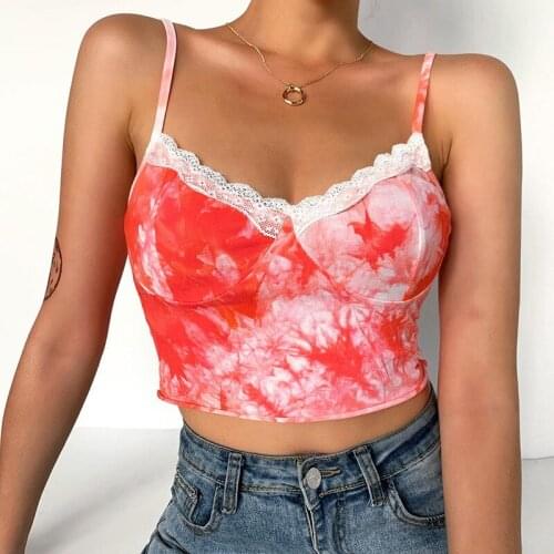 Summer Tie-dye Cami Women Spaghetti Strap V-neck With Lace Red Camis Aesthetics Backless Sexy Party Clubwear Tops Streetwear New