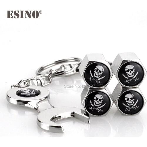 40 x Car Styling Stainless Steel Zinc Alloy Wheel Tire Valve Stem Caps Pirate Skull Universal Fit With Mini Wrench Key Chain
