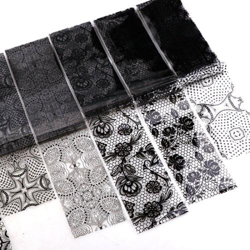 9 pcs/bag 4*120cm Nail Art Glue Transfer Foil White Black Lace Nail Stickers Fashion Nail Tips Decals Starry Sky Sticker