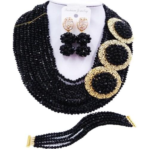 ACZUV Black Crystal Beaded Necklace African Wedding Beads Nigerian Bridal Party Jewelry Sets 10C-3PH003