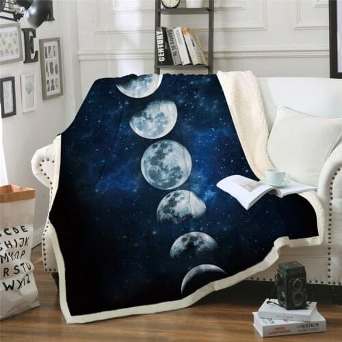 Dark Blue Sky Moon Eclipse Changing Velvet Plush Throw Blanket Galaxy Printed Sherpa Blanket for Couch Landscape Bedding Throw