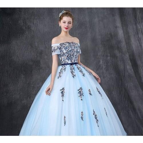 Pale blue vine embroidery ball gown sissi long medieval dress Renaissance Gown princess gown Victorian/Marie Antoinette