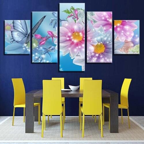 Decor Framework Modern Home room Wall Art Posters 5 Pieces Abstract Glowing Pink Flower Butterfly HD Printed Painting On Canvas