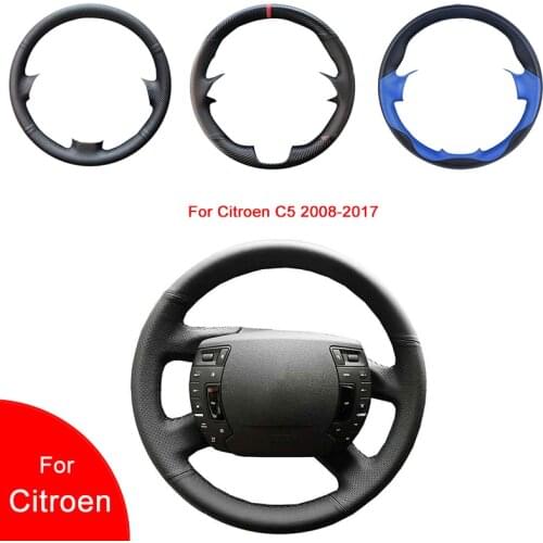 Breathable Punch Hand-Stitched Black Artificial Leather Car Steering Wheel cover For Citroen C5 2008-2017