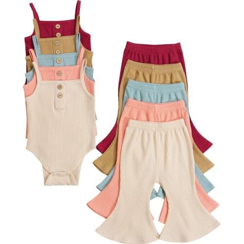 FOCUSNORM 5 Colors Lovely Baby Girls Summer Clothes Sets 2pcs Solid Knit Sleeveless Romper Tops Flare Pants 0-18M