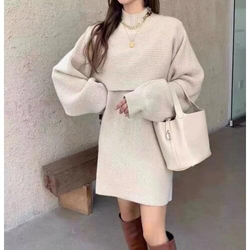 2021 Spring New Fashion High Neck Short Sweater + Vest Dress Suit Temperament Two Piece Set Fashion