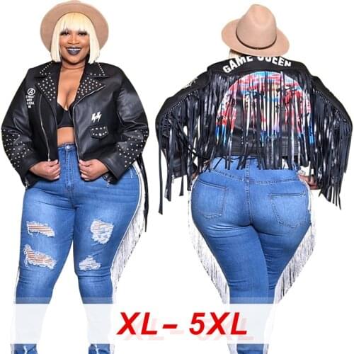 Ply-size Leather Dress for Women with PU Leather Printed Rivet Tassel Zipper Street Style Motorcycle Jacket with Long Sleeves