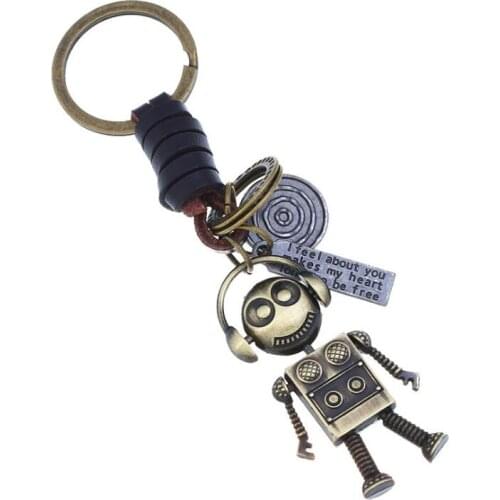 Punk Fashion Metal Key Chain Vintage Musical Robot Pendant Handmade Leather Keyring Keychains Car Bag Accessories Women Men Gift