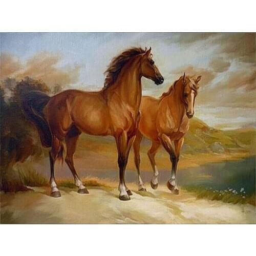 DIY Digital Painting By Numbers Package Two brown horses oil painting mural Kits Coloring Wall Art Picture Gift frameless