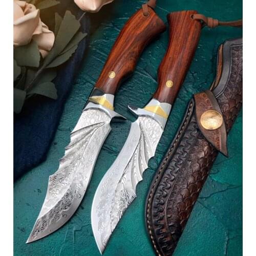 VG10 Damascus Steel Blade Steel Head Brass and Rosewood Handle Straight Knife outdoor camping survival fixed blade knife