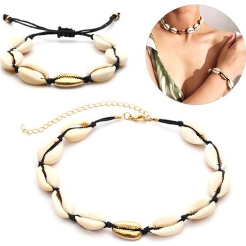 New Fashion Black Rope Chain Natural Seashell Choker Necklace Collar Necklace Shell Choker Necklace Bracelet for Summer Beach