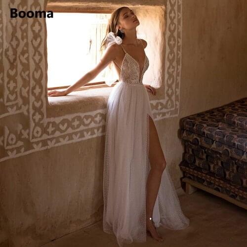 Booma Dotted Tulle Beach Wedding Dresses Sexy Deep V-Neck High Slit Backless Bride Dresses Spaghetti Straps A-Line Bridal Gowns