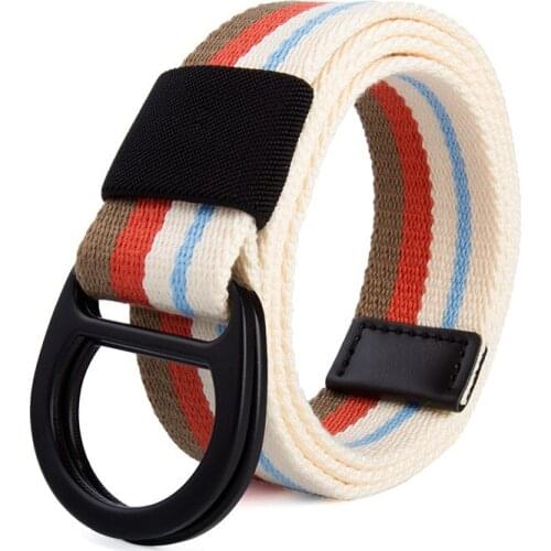 Mens and Womens Four Seasons Fashion Metal Double Ring Button Student Jeans Color Matching Canvas Belt