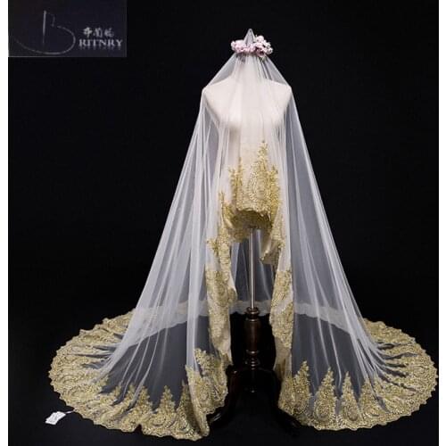 Gold Lace Edge Luxury Cathedral Wedding Veil Hot Sale Wedding Accessories Long Bridal Veils velos de novia